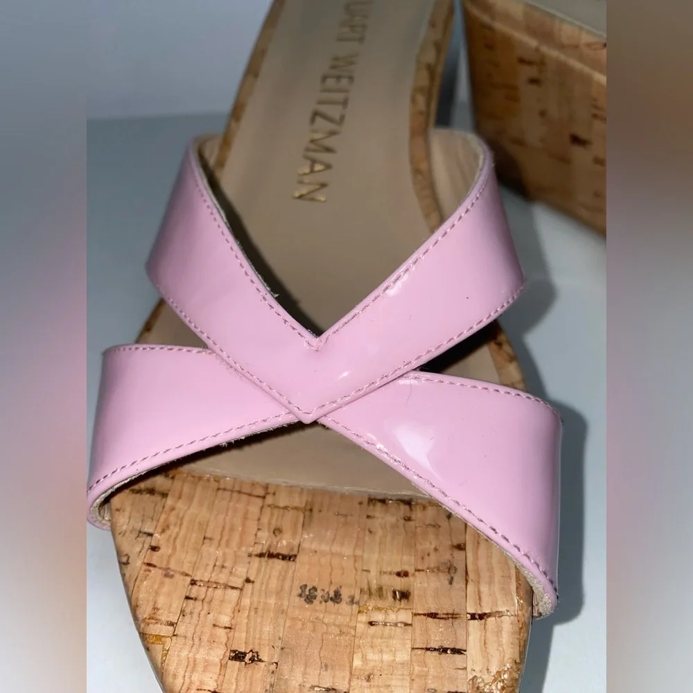 Stuart Weitzman NWOT Carmen Pink Platform Patent Leather Wedge Slide Sandals